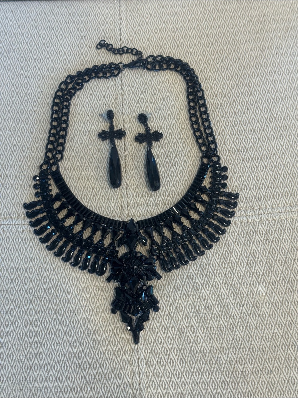 Bold Black Statement Necklace with Matching Drop Earrings